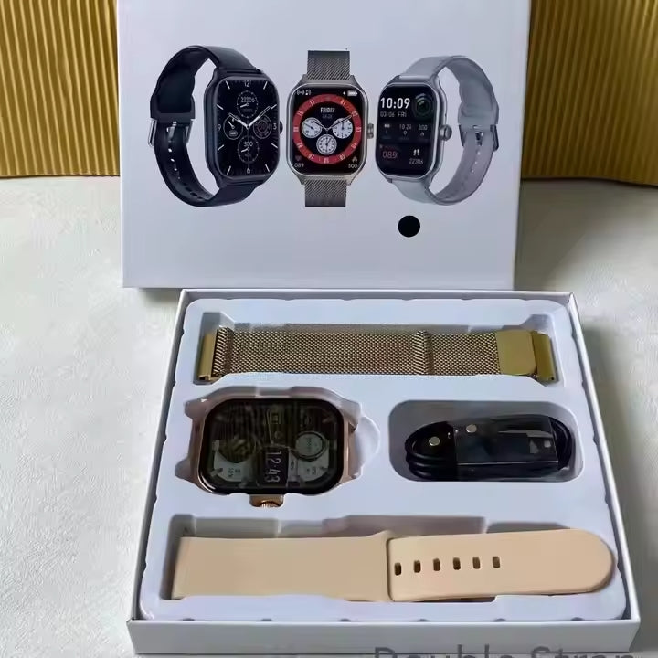 écran tactile HD de la montre connectée multifonction affichant l'heure , les pas et les notifications